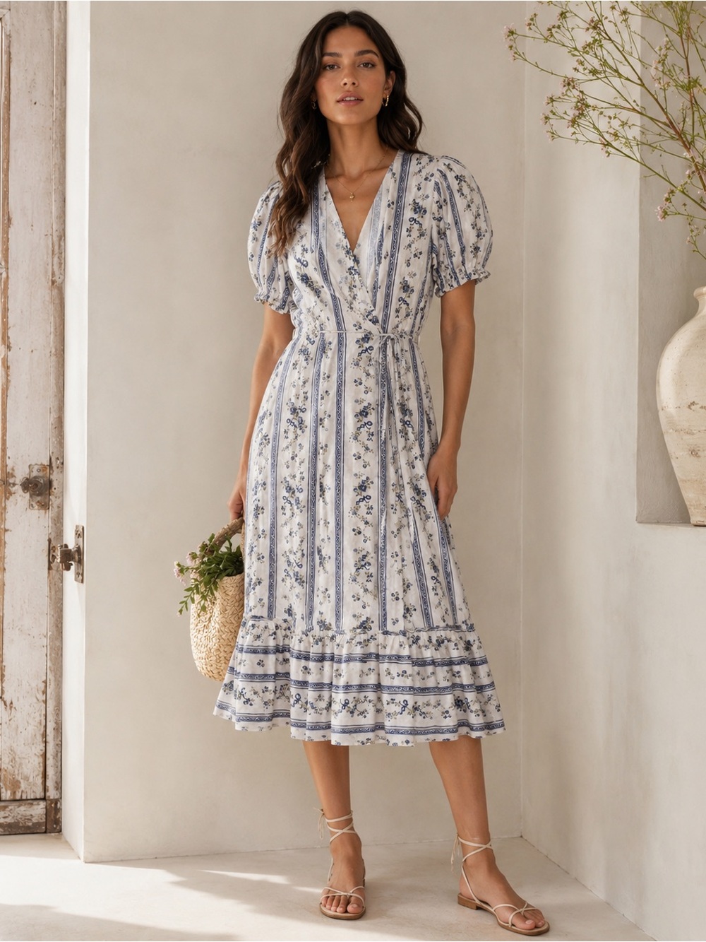 Reformation Veronika XS Blue Floral Stripe Linen Wrap Midi‎ Dress Puff Sleeve